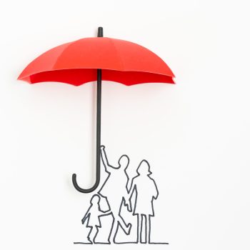 Complete family life insurance sign icon with umbrella and family silhouette