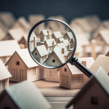Searching new house for purchase. Rental housing market. Magnifying glass near residential building. Created with Generative AI